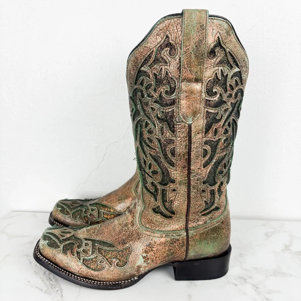 J.B. Dillon Green Bronze Metallic Glitter Cutout Cowboy Boots Sz 10C - Picture 3 of 13